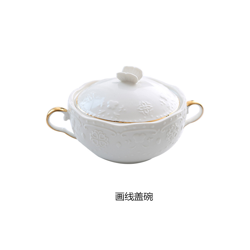 Ceramic Cubilose Bowl Dessert Bowl Double Ears with Lid Slow Cooker Tremella, a Kind of Semi-Transparent White Fungus Soup Bowl Exquisite Tureen European Porringer Tableware Zeng Wan. 