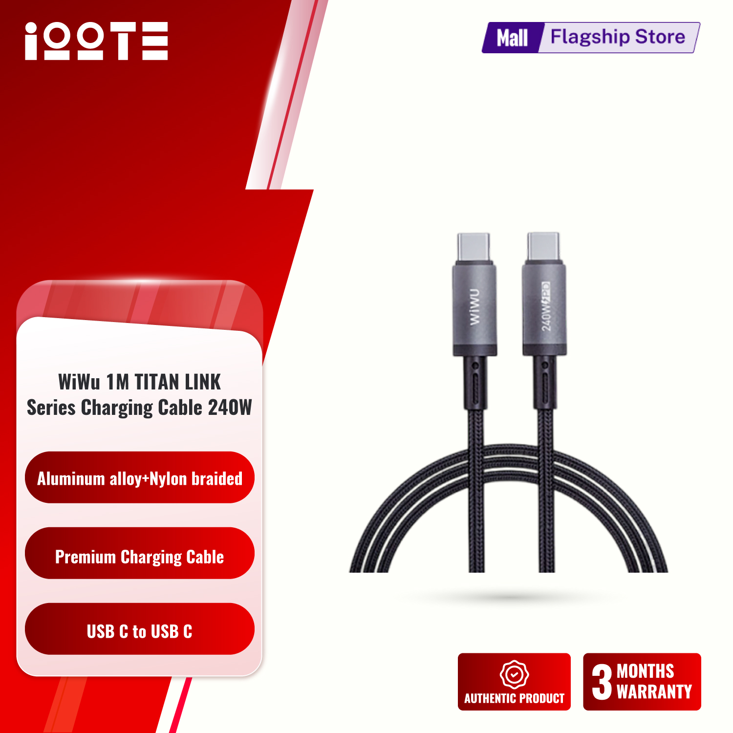 WiWU 1M Aluminum alloy Nylon braided TITAN LINK Series Charging Cable with 240W USB-C to C #Wi-C058