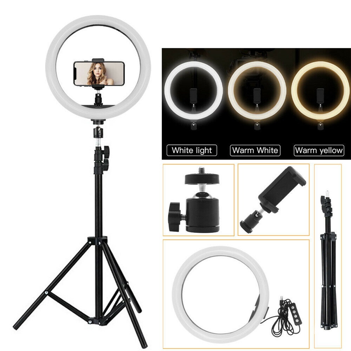 12 Inch Dimmable LED Selfie Ring Light with Tripod Stand and Phone Holder for Photography, Makeup, YouTube, Live Streaming, 2700K-5500K Color Temperature, USB Plug, 120 LED Beads, 24W Power. 