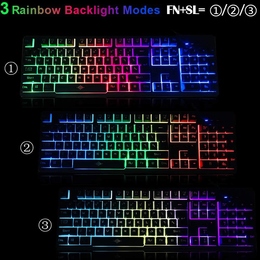 [BD]UrChoiceLtd K-13 Keyboard Mouse Combo Rainbow Backlit Multimedia Ergonomic Usb Gaming Keyboard + Wired 2400DPI 4 Buttons Optical LED Usb Gaming Mouse Sets + Gaming Mouse Pad 220*180*5mm Standard Size. 
