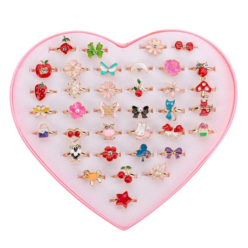 36pcs/box Cute Cartoon Kids Rings Korean Animal Flower Adjustable Child Girls Finger Rings Children Kawaii Sweet Gifts. 