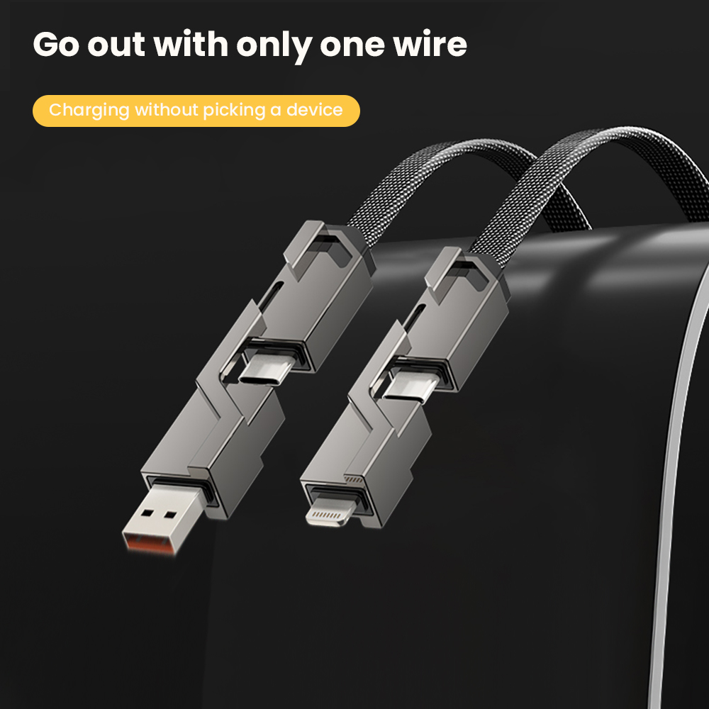 4 in 1 Fast Charging USB Type C Cable Charger Cable Data Cable For phone Phones Accessories Mobile Phone Cable Flat Braided Anti-Tangle Charger Cord SJX-035. 