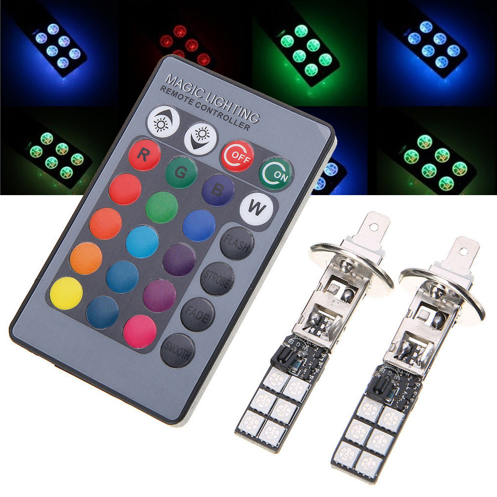 FG Colorful H1 5050 12SMD RGB LED Car Headlight Fog Light Lamp With Remote Control