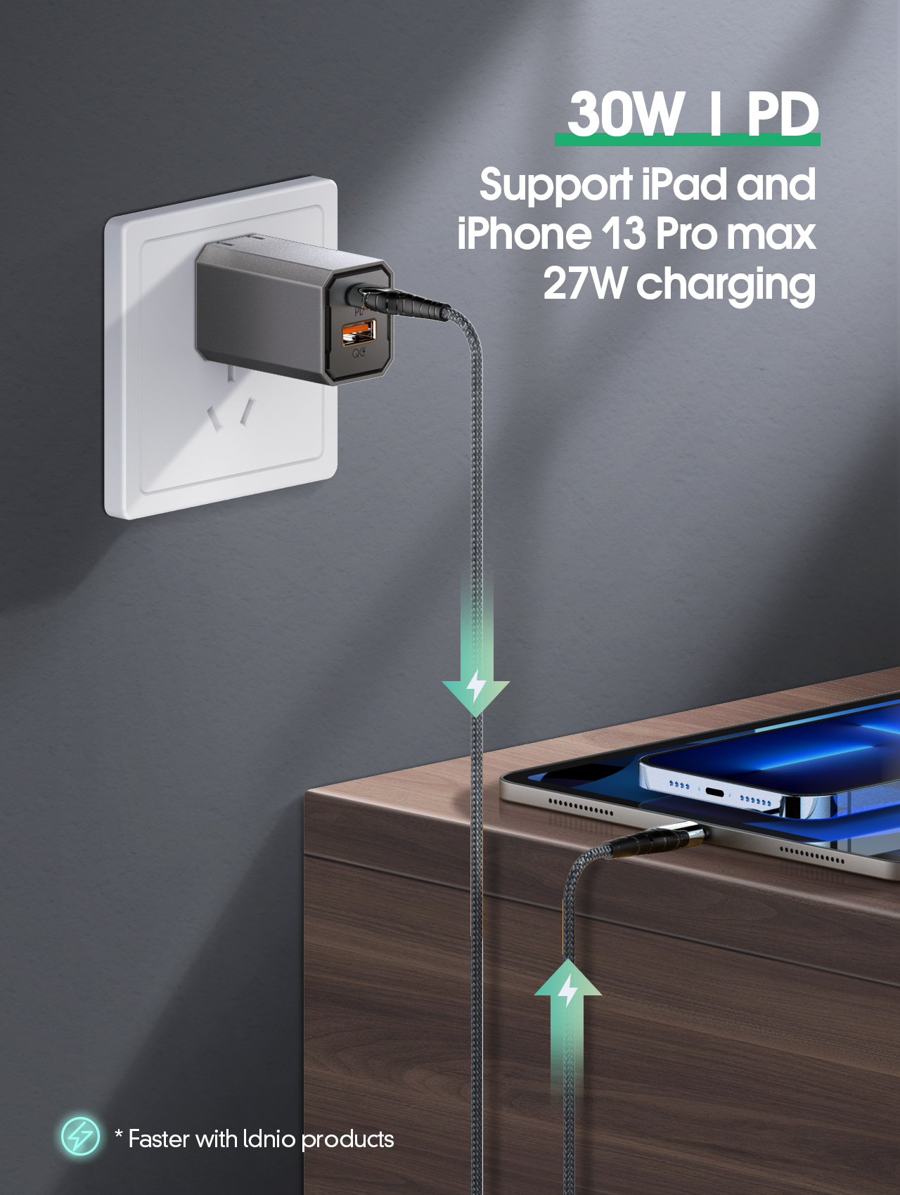 LDNIO 30W PD3.0 usb-c+USB-A fast wall Charger whit Type-C Cable A2527C - Black. 