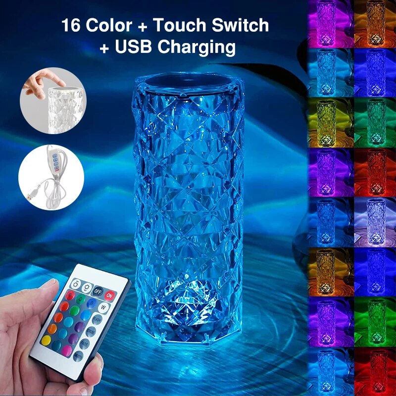 Diamond Table Lamp Rose Light Atmosphere Projector USB Touch Night Light for Bedroom Desk Party Decor 16 Colors