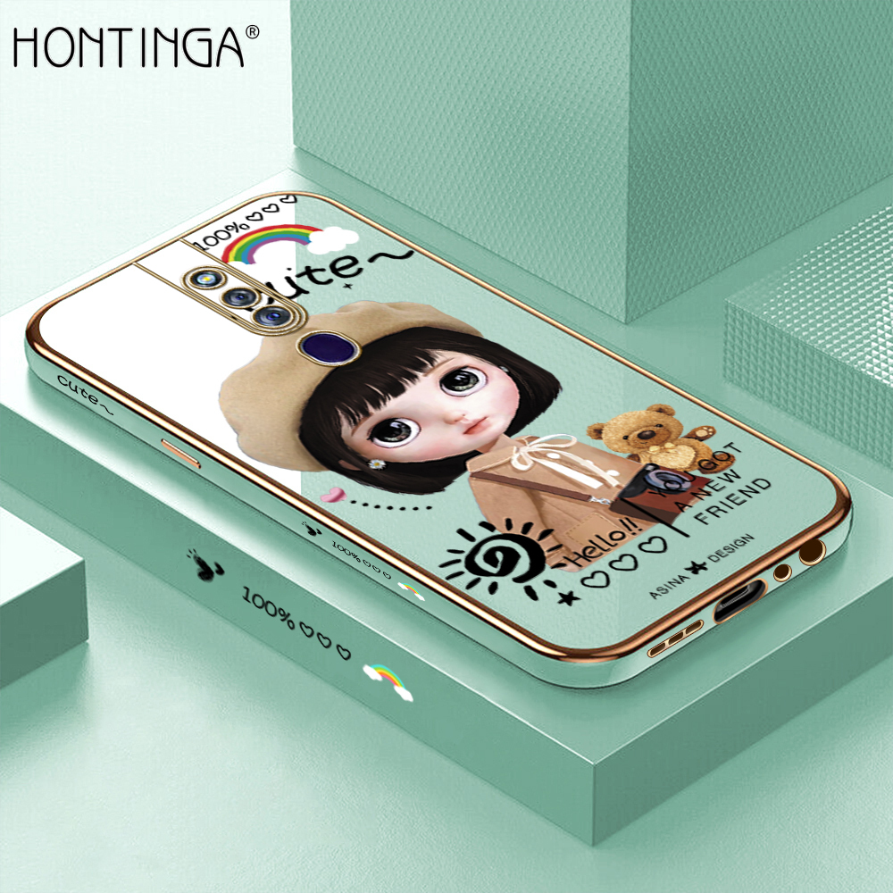 Hontinga for OPPO F11 Pro Back Cover + Free Lanyard Luxury 6D Plating Cartoon Satchel Girl Side Pattern Case Soft Silicone Square Phone Cases