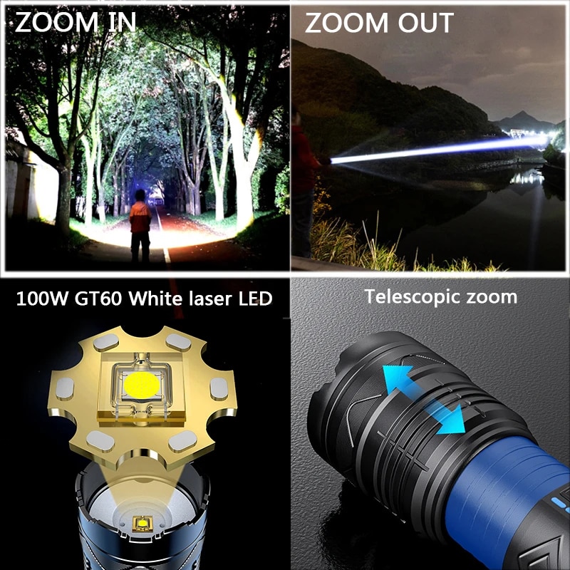 20000LM Super Bright Tactical Flashlight 100W GT60 Long Range Powerful LED Torch USB Rechargeable Using 4 181350A Batteries. 