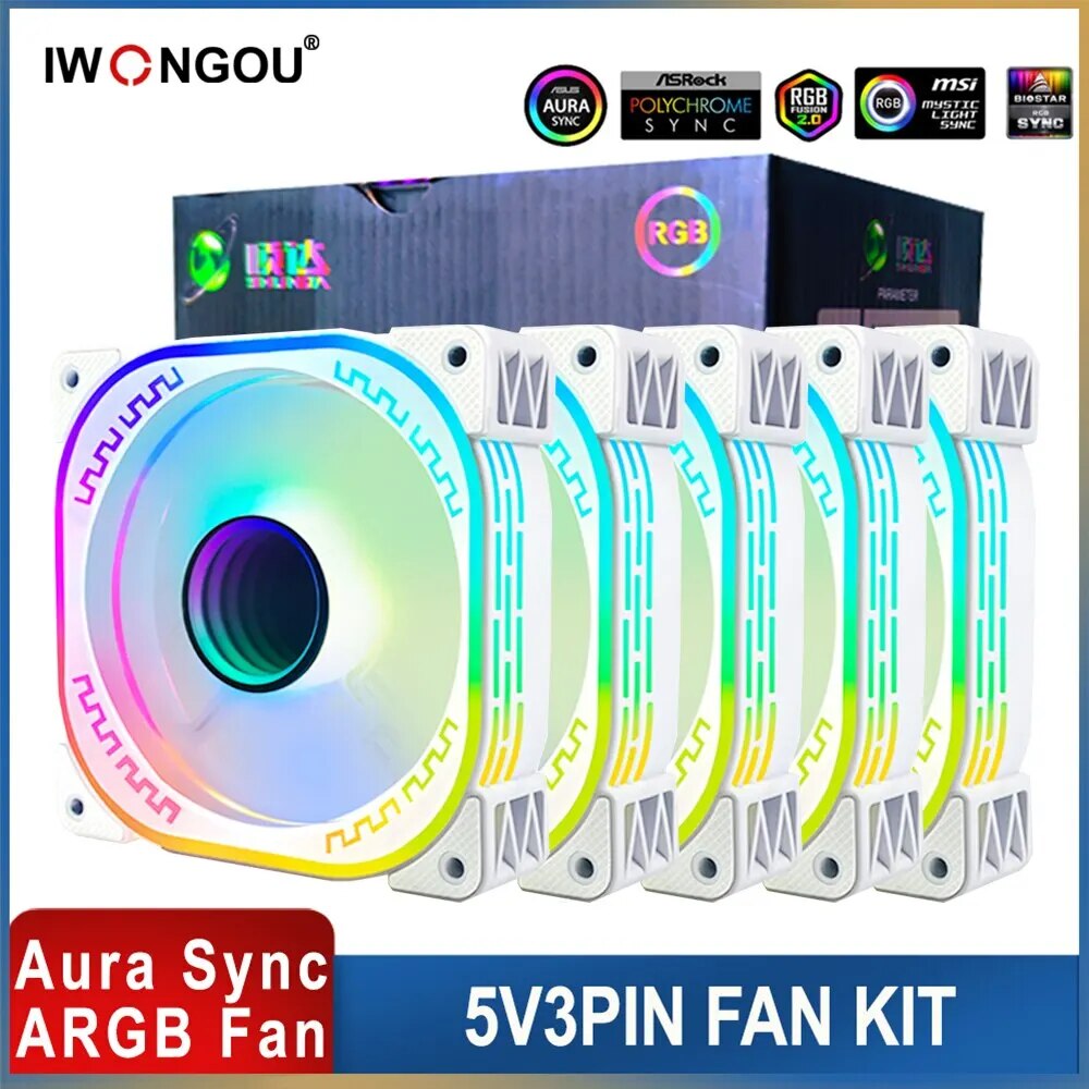 IWONGOU Pc Fan 120mm 4pin Pwm Ar12pro with Argb Controller White Computer PC Case Coolers 5v3pin Aura Sync