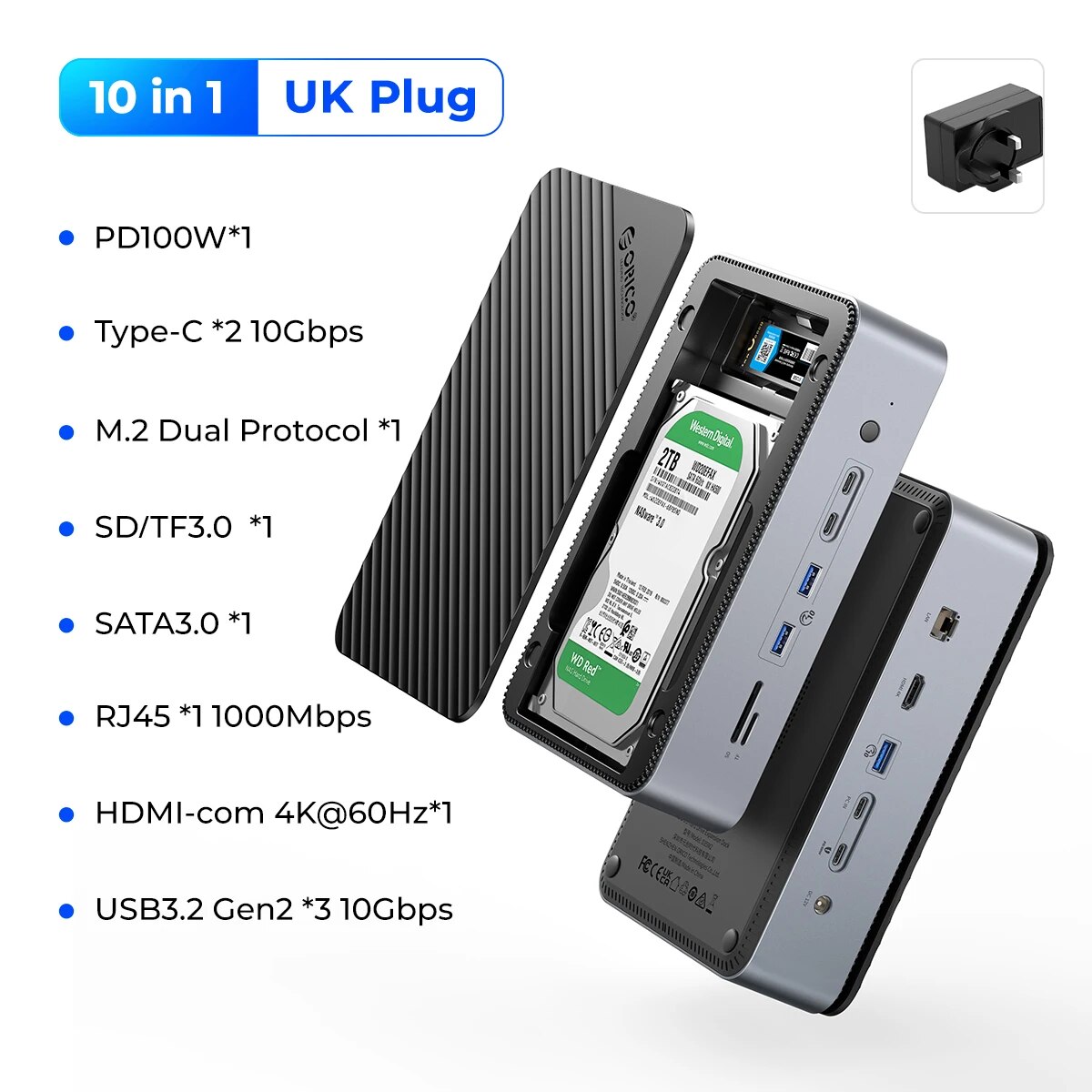 ORICO Docking Station Deck with Dual M.2 NVME SSD Case 3.5 Hard Drive Enclosure Steam Dock 10 in 1 HDMI 4K60Hz PD100W Ethernet. 