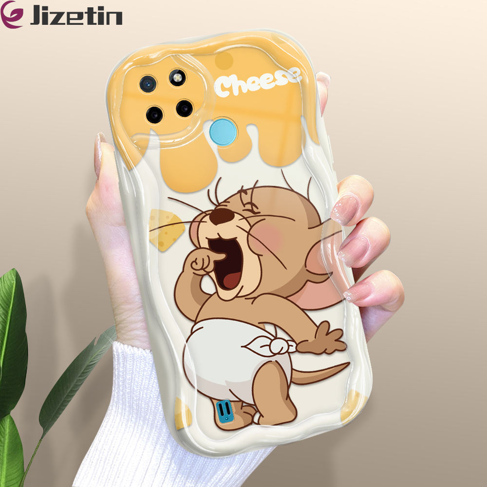 Jizetin for Realme C21Y C25Y Back Cover Cartoon Cat Mouse Cream Wavy Edge Soft Silicone Phone Case