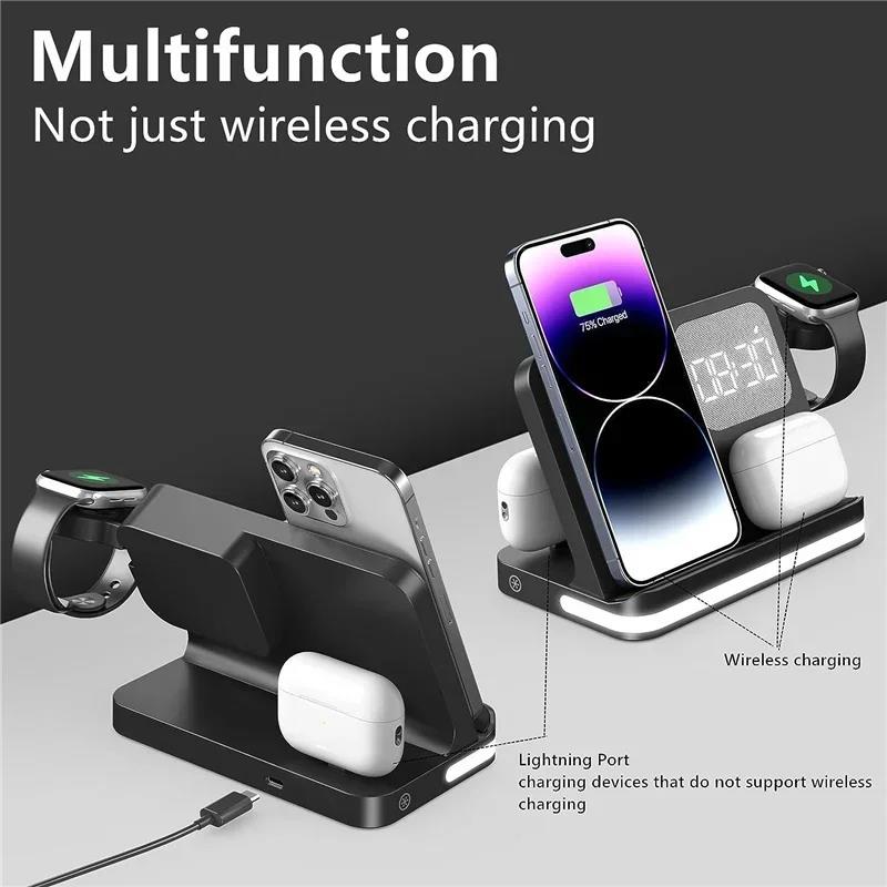 6 in 1 LED Fast Wireless Charger Stand Charging Station Clock Alarm For iPhone 15 14 13 12 11 Apple Watch 2-9 Series Airpods Pro. 