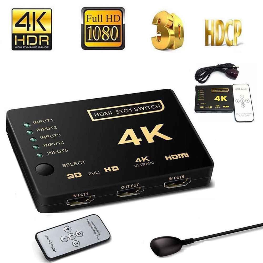 5 In 1 HDMI Switcher 1080p 5 Port 4K HDMI Switch Switcher Selector Splitter With Hub IR Remote FOr HDTV DVD EU PLUG. 