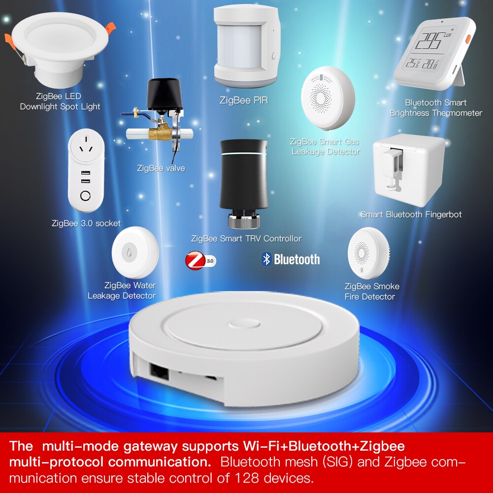 Multi-mode Smart Gateway ZigBee WiFi Bluetooth Mesh Wired Hub Work with Tuya Smart App Voice Control via Alexa Google Home. 