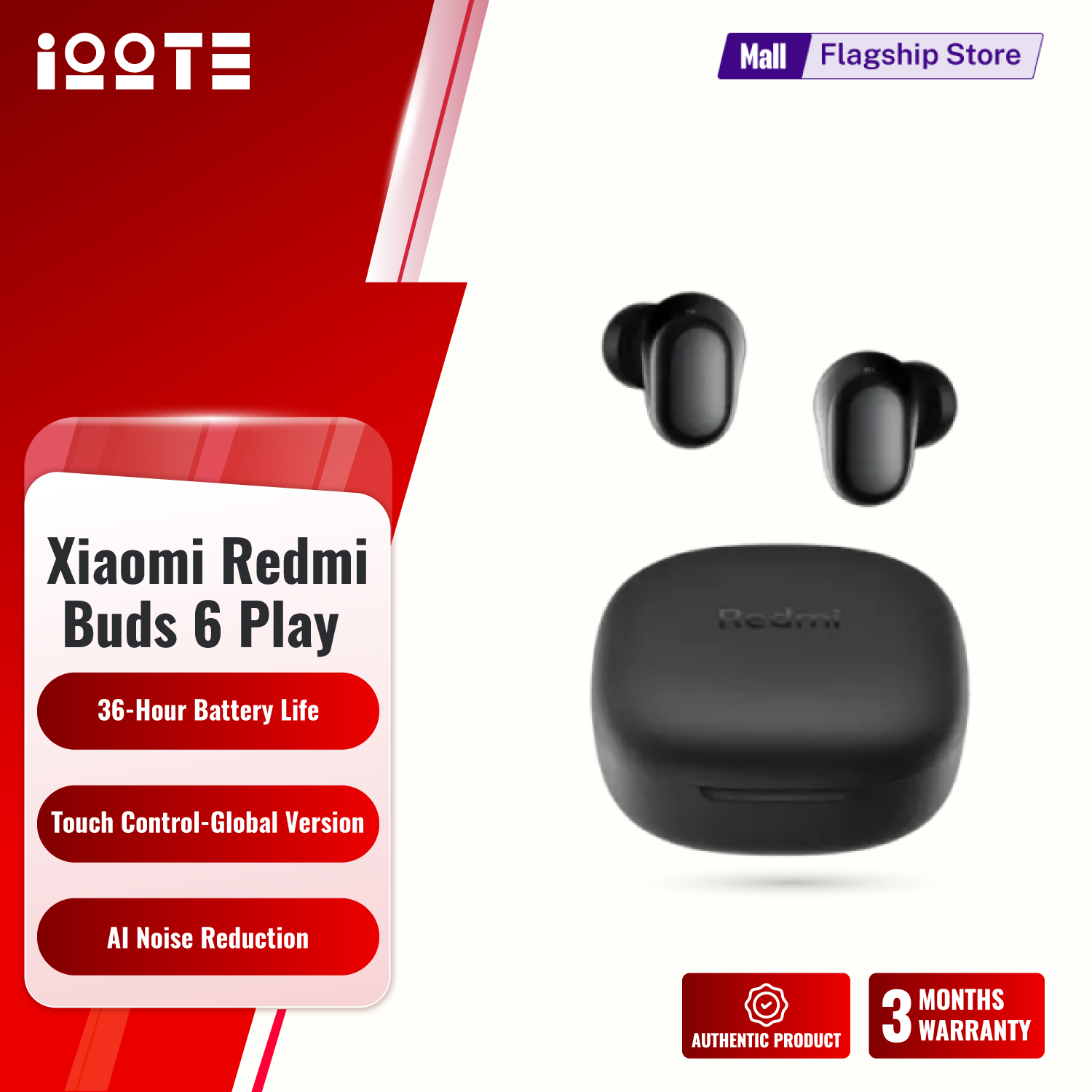 Xiaomi Redmi Buds 6 Play | 10mm Dynamic Driver | AI Noise Reduction | Up to 36-Hour Battery Life | Bluetooth® 5.4 | Touch Control - Global Version - (Black). 