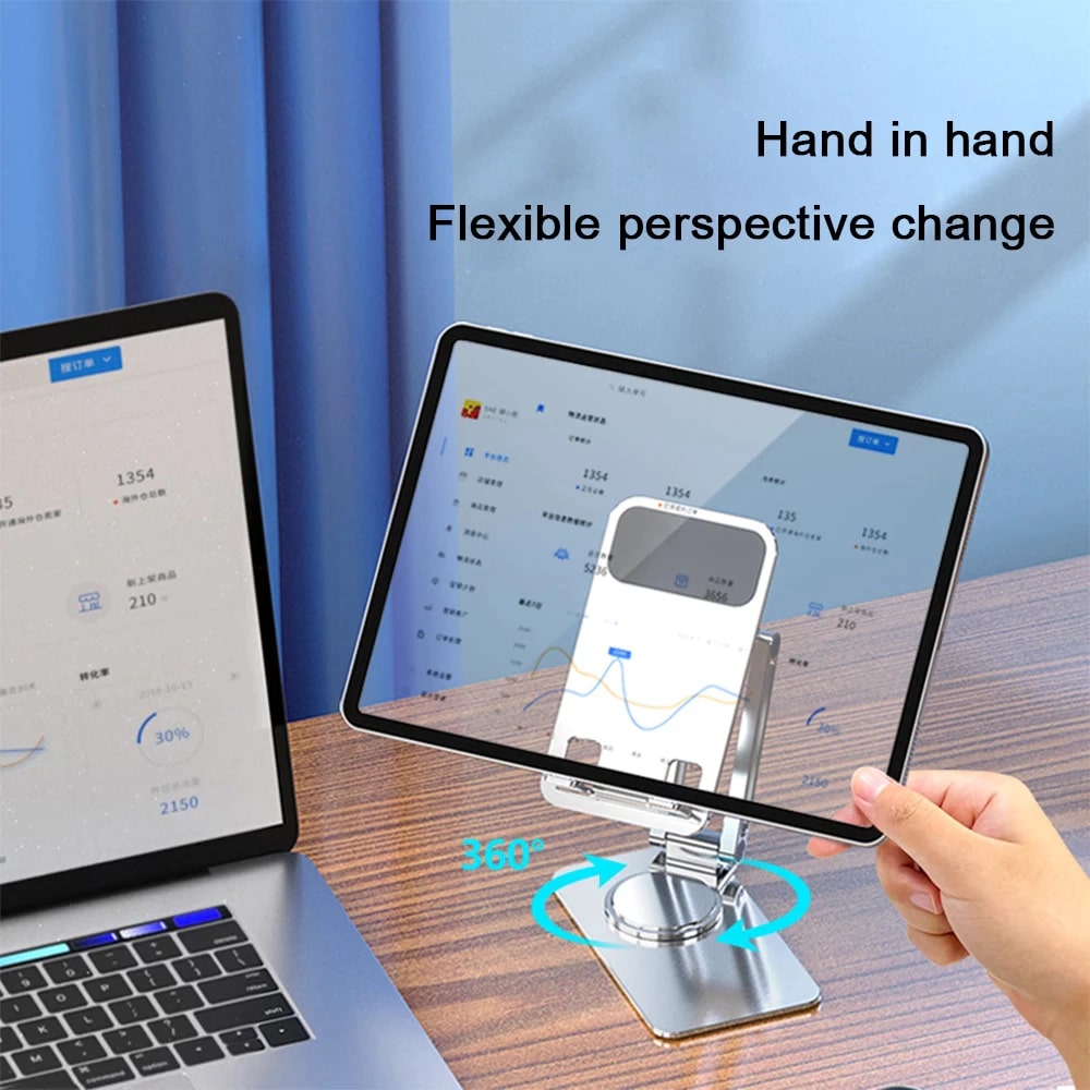 360 rotate Aluminum mobile and tablet stand: Adjustable, Compact, and Universally Compatible. 