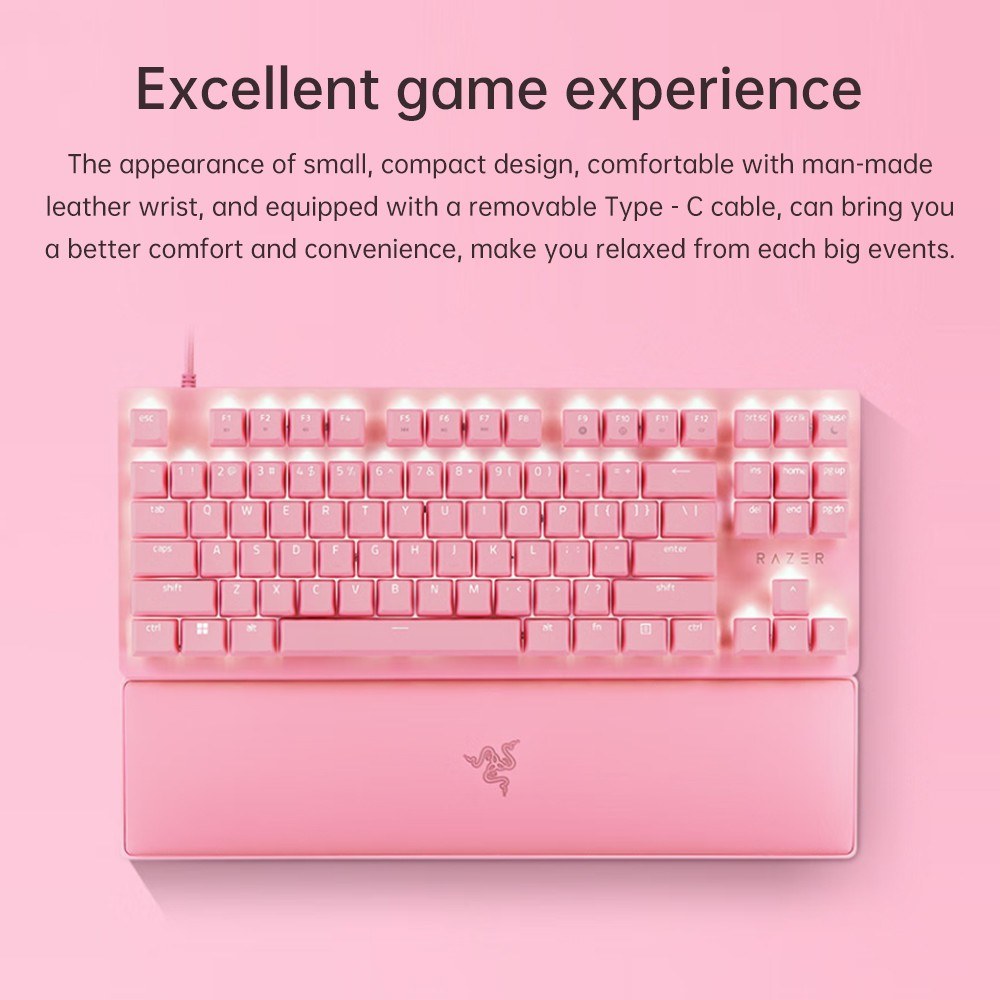 Razer V2 87 key RGB mechanical keyboard with wrist rest - pink. 