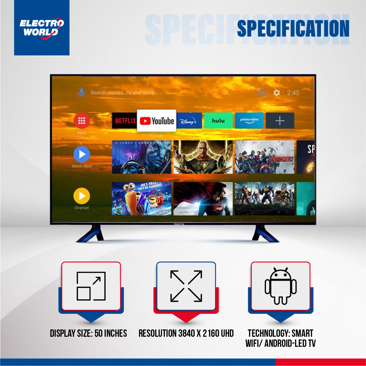 Vikan 50 Inch Android Smart WiFi Voice Control 4k UHD Led Tv Ram 2 gb Rom 16 gb. 