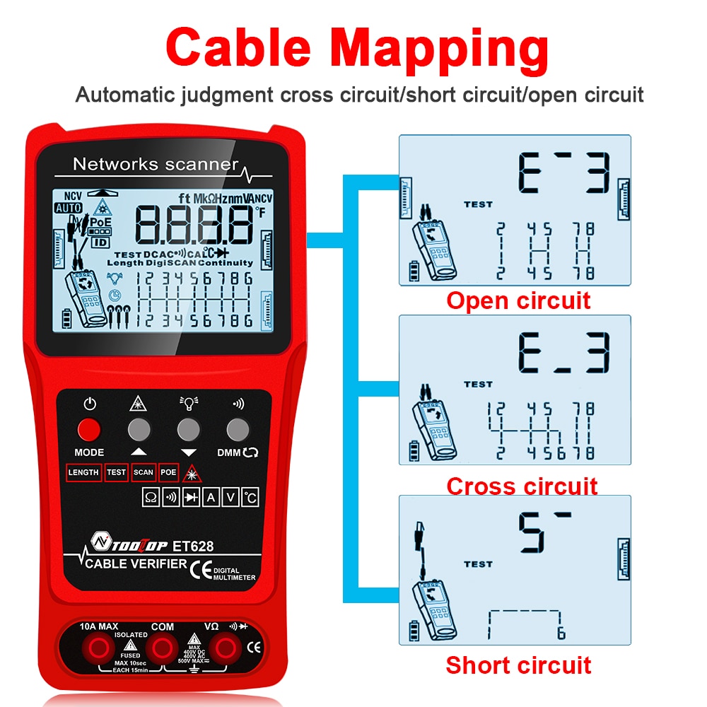 TOOLTOP Network Cable Tester 10KM Visual Fault Locator Multimeter 3 in 1 LAN Length Measure Anti-noise Line Tracker POE Test. 