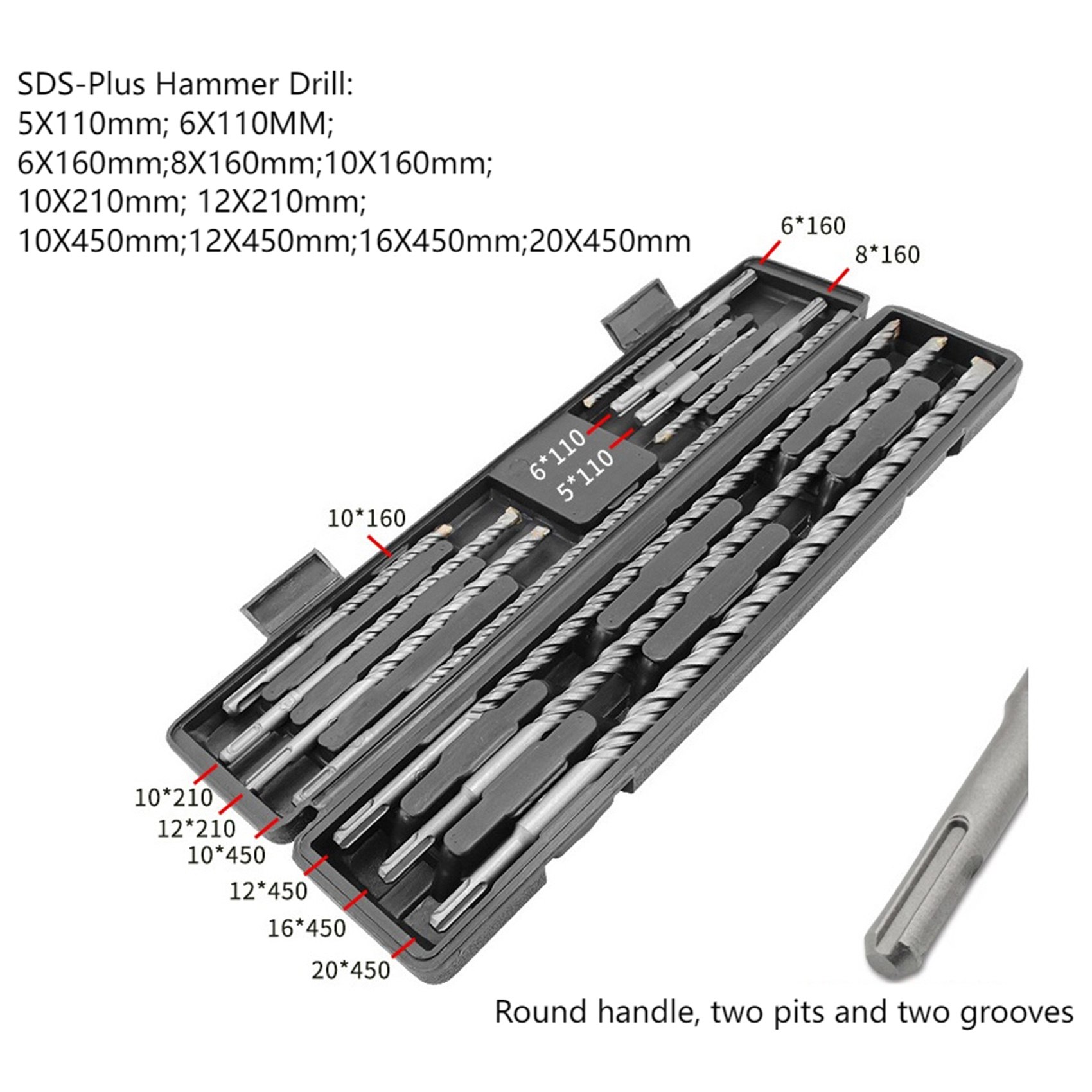 ARELENE 11Pcs SDS Electric Hammer Drill Bits, YG8C Carbide Steel Flat Head Electric Hammer Masonry Drill Bit Set,10X160-20X450mm. 