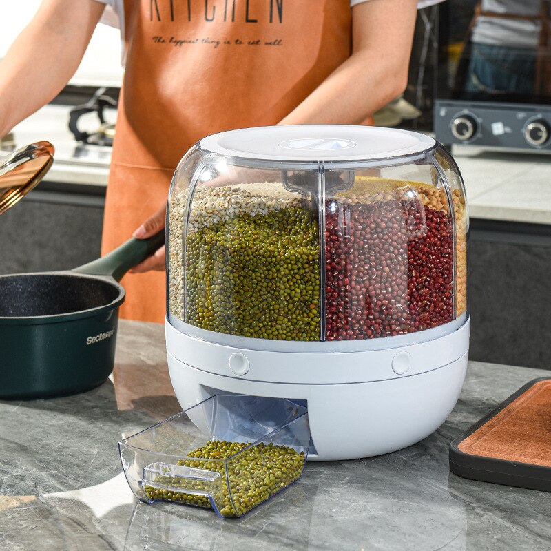 6-Grid Rotating Grid Grain Rice Dispenser Sealed Cereal Separate Bucket Dry Food Container Round Rice Storage Tank Storage Box. 