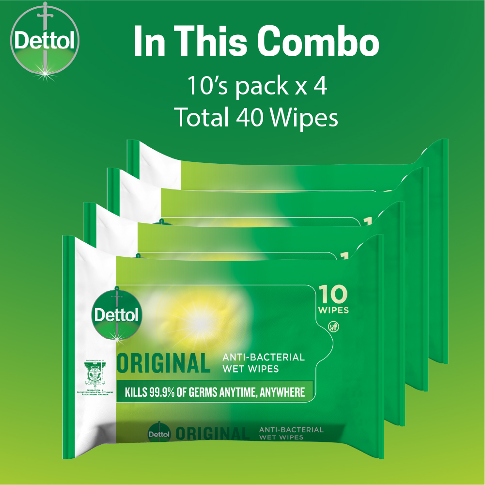 Dettol Antibacterial Wet Wipes Family Pack (4 X 10 Sheets) for Hand Sanitizing. 