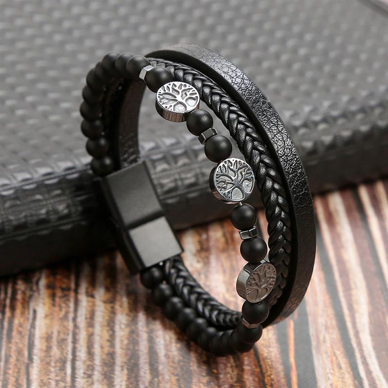 New Fashion Life Tree Leather Bracelet Men Classic Fashion Tiger Eye Beaded Multi Layer Leather Bracelet For Men Jewelry Gift. 