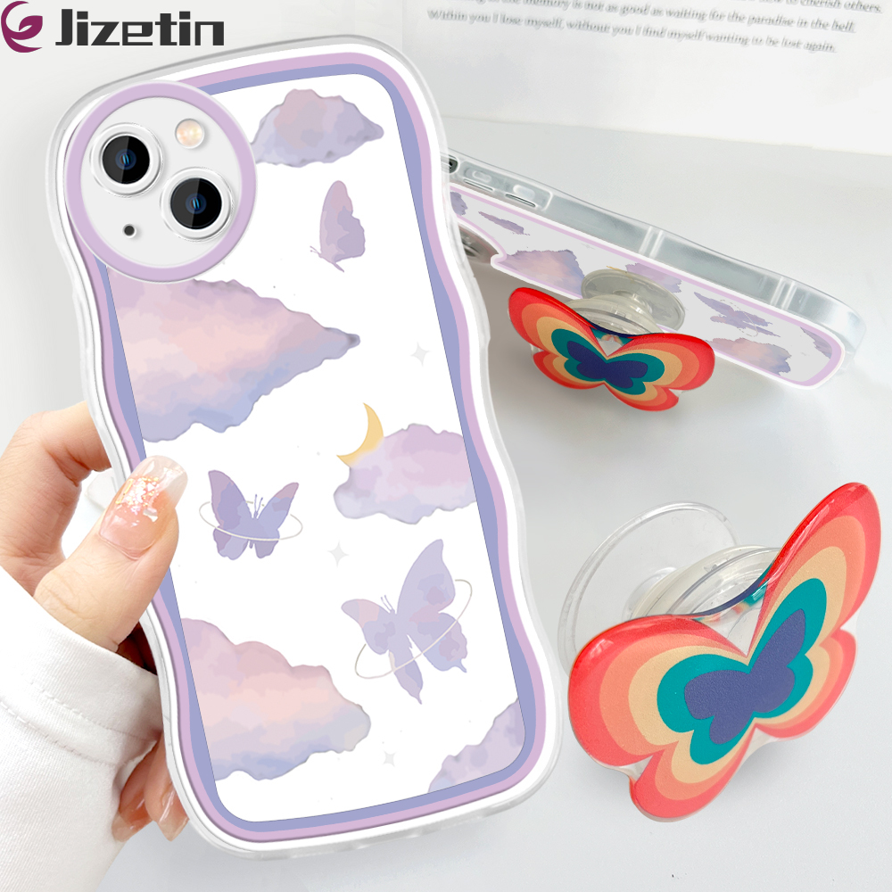 Jizetin for iPhone 13 Mini Back Cover + Free Pop Socket Colorful Butterfly Soft Wavy Shape TPU Phone Case For Girls Boys. 