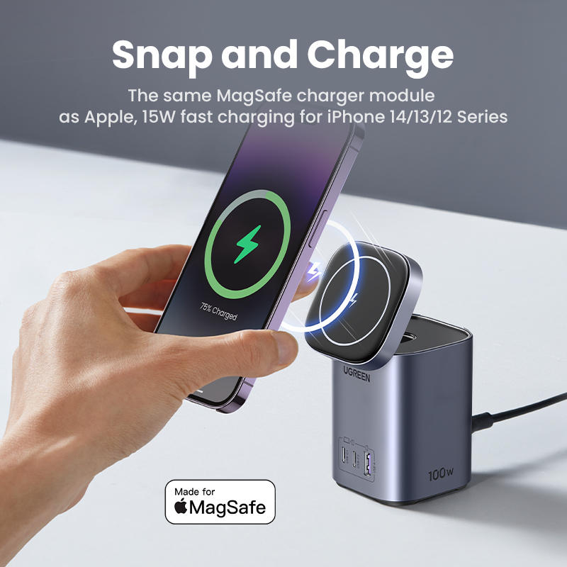 UGREEN Nexode 100W USB C Charger with MagSafe 15W Wireless Charger Stand, 4in1 GaN Desktop Charging Station for MacBook Pro/Air M2, iPhone 14 Pro Max/13, iPad, Dell XPS, Galaxy S23. 