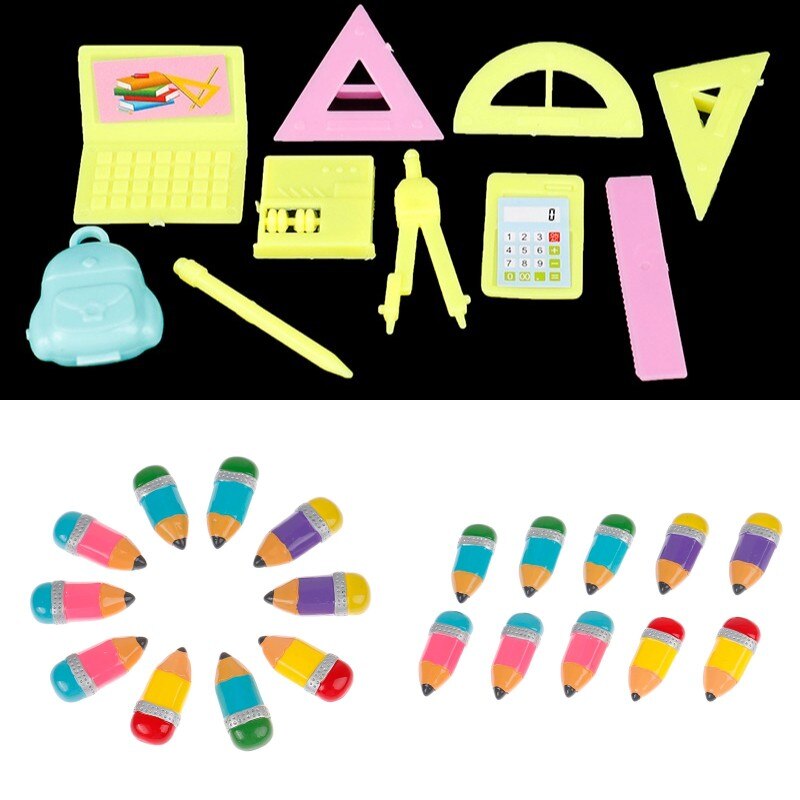 10PCS Simulation Colorful Pencil Learning Stationery Ruler Schoolbag Computer Calculator Resin DIY Accessories Dollhouse Decor