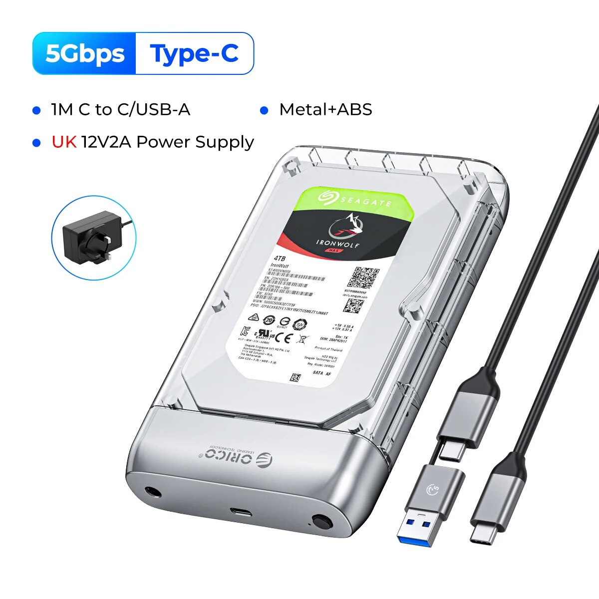 ORICO 3.5 inch Transparent Type-C 5Gbps Hard Drive Enclosure Metal HDD Case Support Auto Sleep for PC Laptop Notebook. 