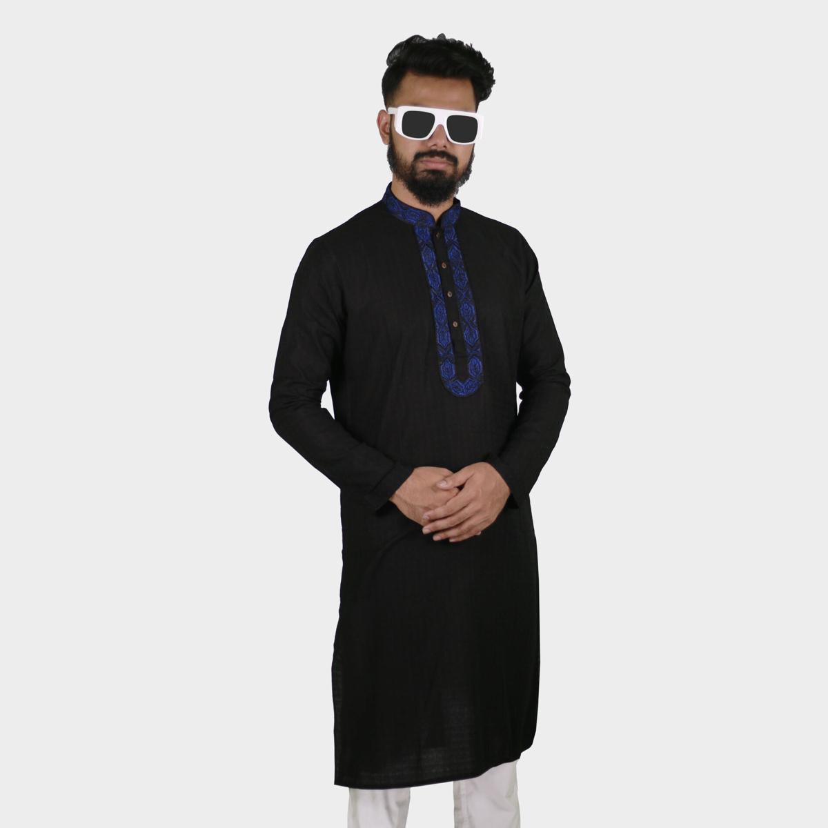 LeeWear men's embroidered design Punjabi kurta Imported Machine weave cotton fabrics Mandarin Collar Straight shape with regular style Short button placket Two side pockets Long regular sleeves PN21118. 