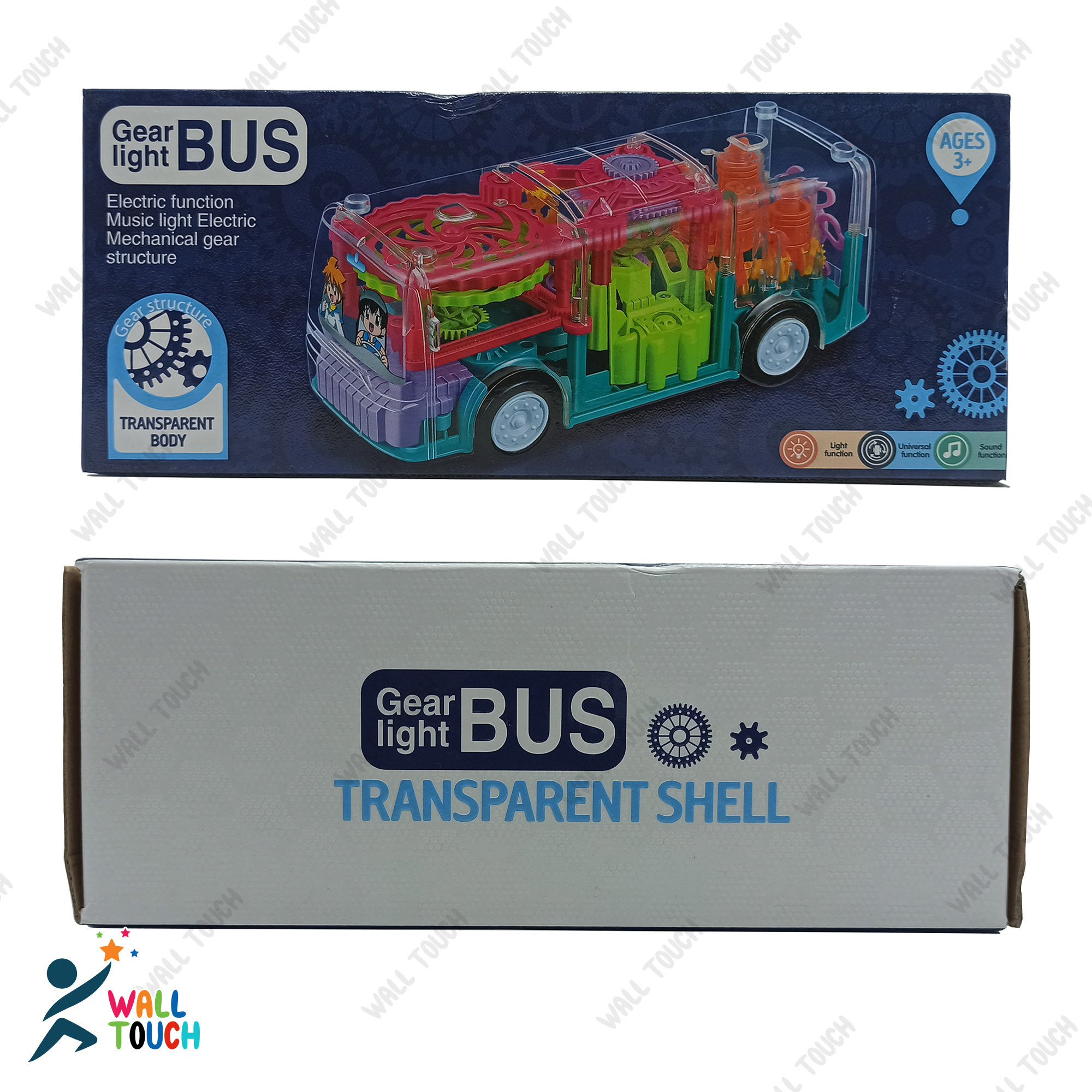 Battery Operated Gear Light Bus Toy with Mechanical Gears Simulation. 