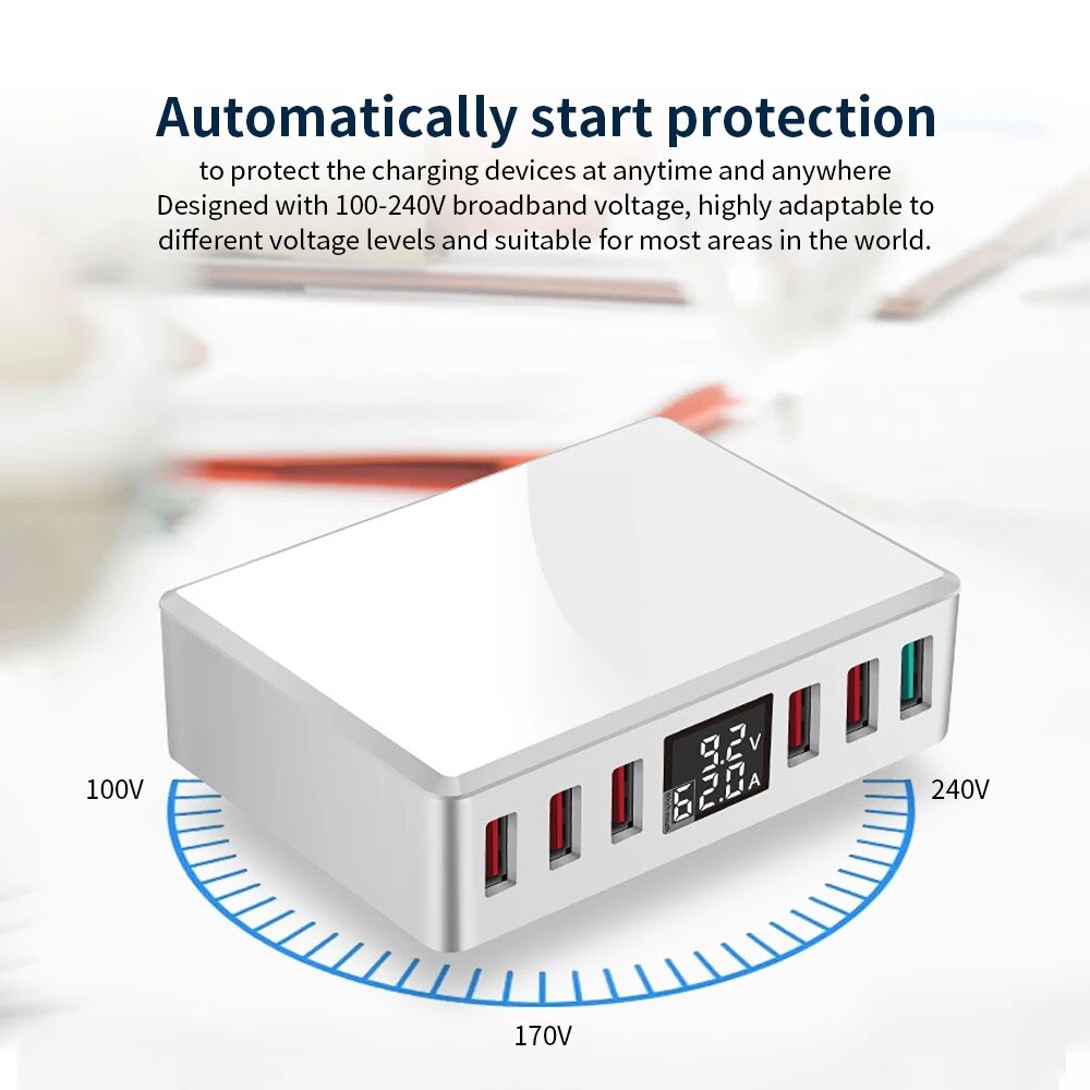 WLX-T9+ Intelligent Portable Quick Charge 3.0  Multi-port USB Fast Charger Adaptive LCD Display 6 Ports 100-240V. 