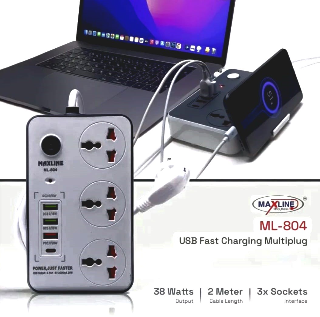 Multiplug ML-804 3 SOCKET 20W USB C PD 3-PORT QC 3.0- 3 Ways Power Socket and 4 USB Port For a Better Performance. 