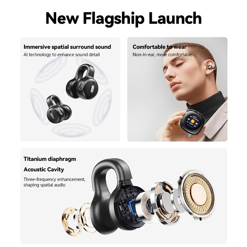 LCD Multifunctional Open Ear Clip On Headphones Built-in 1GB TF Card,Wireless Earbuds Bluetooth 5.4 Sport Earphones with TF Card Slot,2 in 1 MP3 Player Earbud with Charging Case Built-in Touch Control LED ScreeO. 