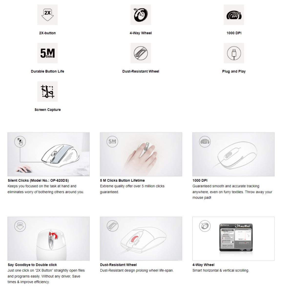 A4.tech OP-620D Wired Optical Mouse - 2x Click Button - 1000 DPI - For PC/Laptop - Black. 
