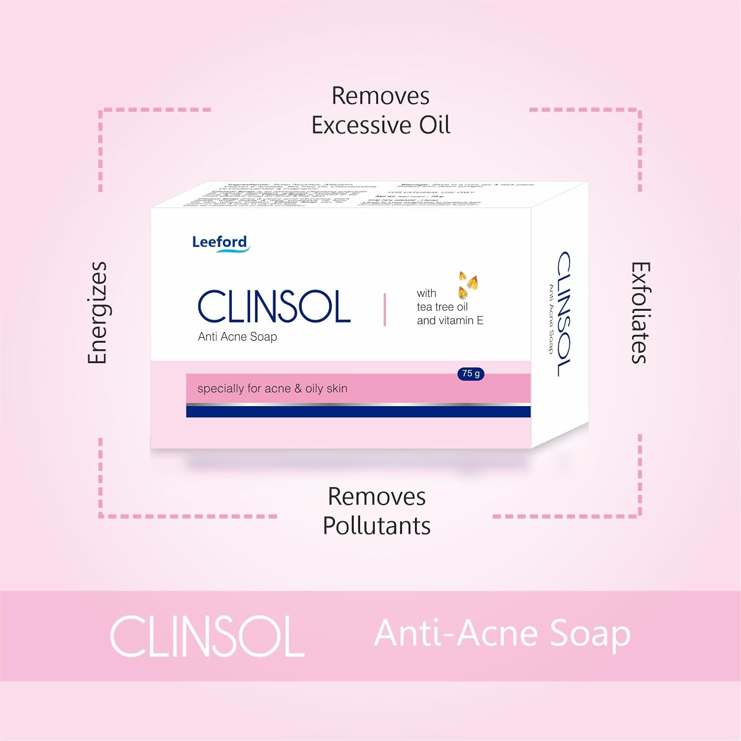 Leeford Clinsol Soap Pack of 3 (75g Each)- Enriched Tea Tree Oil with Vitamin E for Soft Skin || Gentle on Skin || Helps to remove Acne and Makes Skin... 