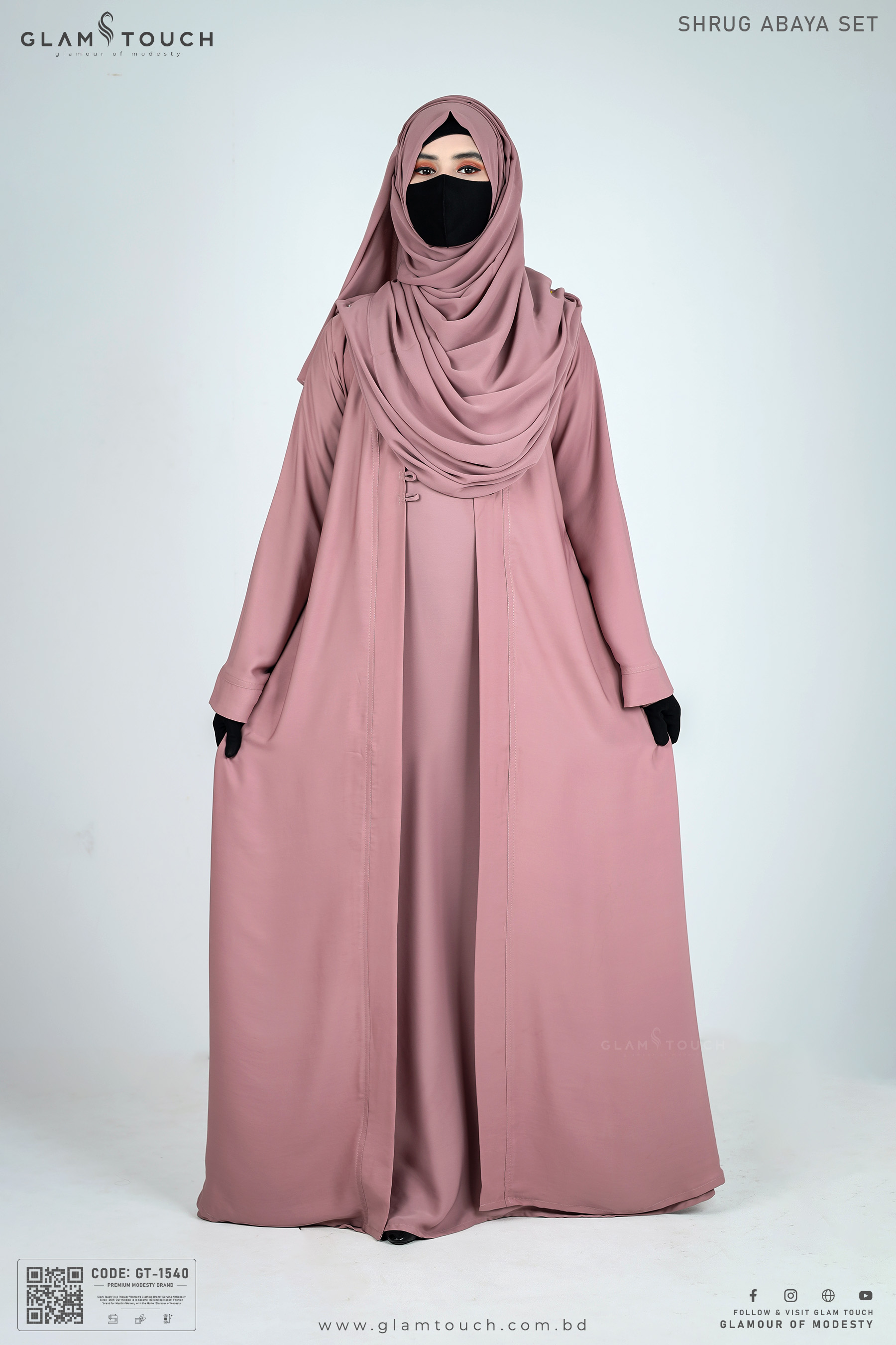 Glam Touch High Quality Solid SHRUG ABAYA SET(Gown + Koti/Kimono + Matching Hijab) Made With Premium Dubai Cherry Fabric for Muslim Women. 