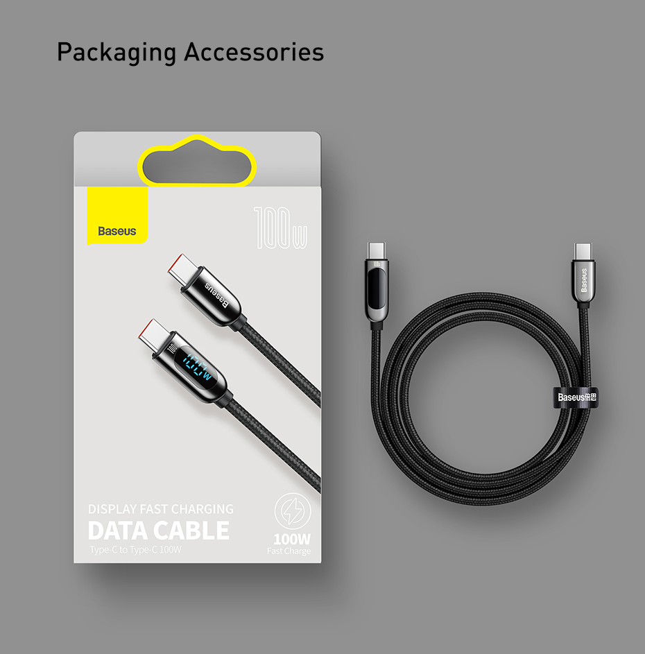 Baseus Display USB C To USB C PD 100W Fast Charging Data Cable Type-C To Type-C Charging Cable Smart Monitoring Chip Applicable For Laptops Tablets and Phones. 