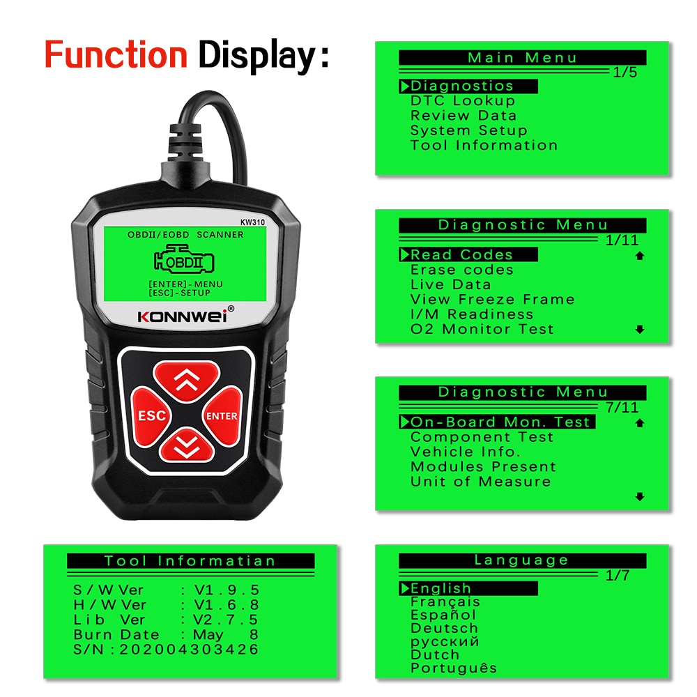 KONNWEI KW310 OBD2 Car Diagnostic Scan Tool Automotive ODB2 Code Reader with Russian OBD 2 Scanner Auto Tools PK ELM 327 V 1 5. 