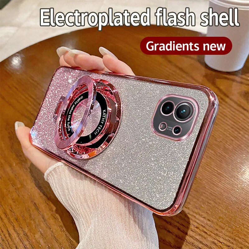 lthmy for Xiaomi Mi 11 casing electroplating soft glitter TPU phone back cover phone case magnetic bracket