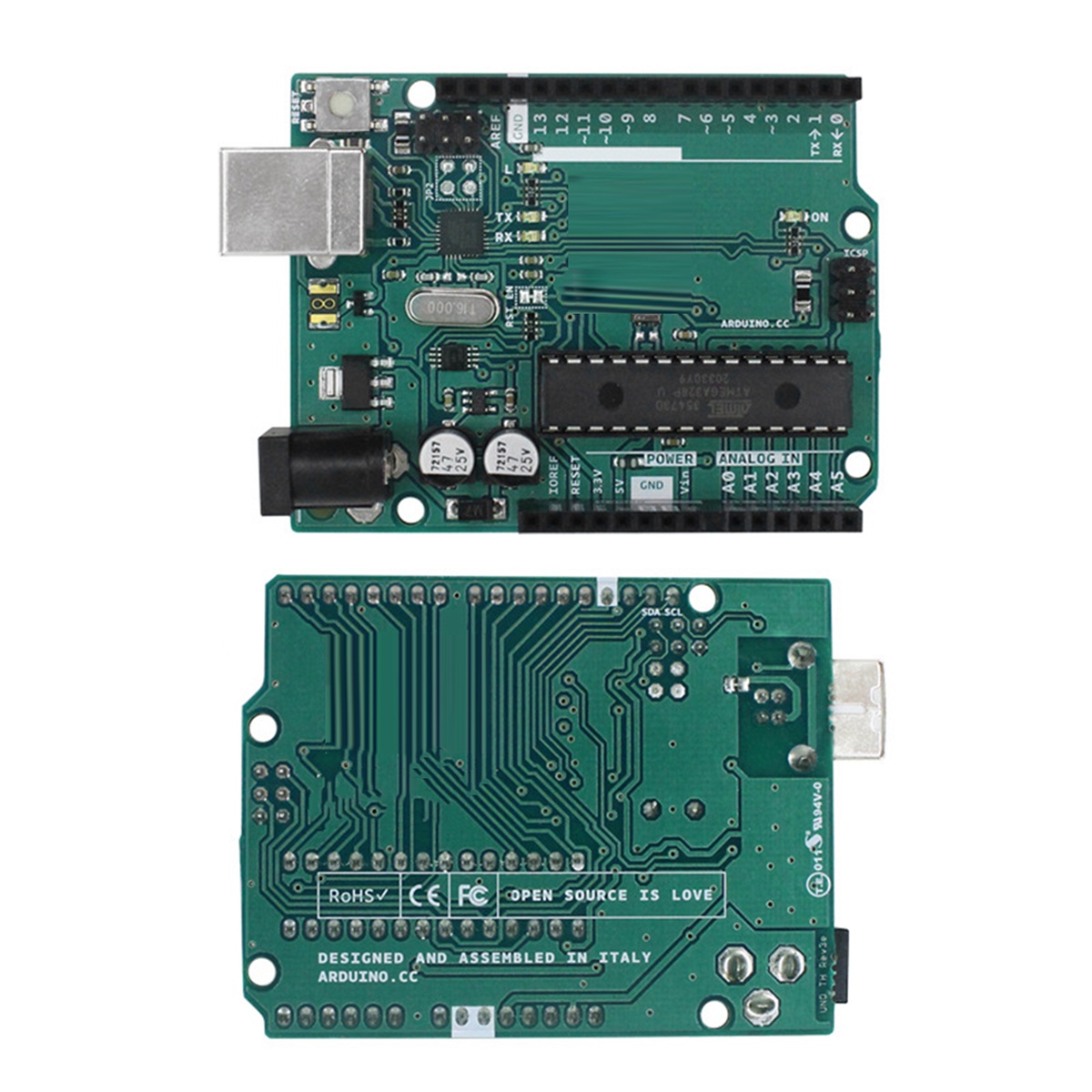 For Arduino UNO R3 Atmega328P 32KB 7-9V Arduino MCU C Language Programming Learning Development Board Green +Metal with Data Cable. 