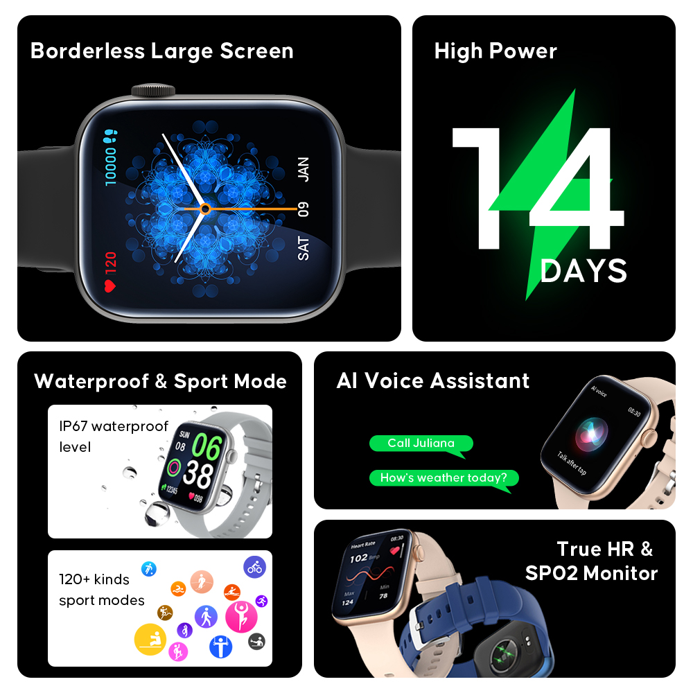 Ainuevo P45 Bluetooth Call Smart Watch 1.8 HD Display 120+ Sports Modes Heart Rate Waterproof IP67 smartwatch for men women. 