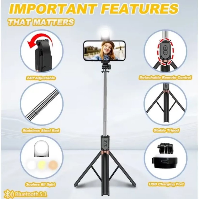 5.7 Feet Long PLOKAMA K9 4 in 1 Selfie Stick Foldable Portable Wireless Selfie Stick with LED Fill Light & Bluetooth Remote Control Shutter DSLR Go Pro Camera Ringlight Camera Mount - Tripod. 