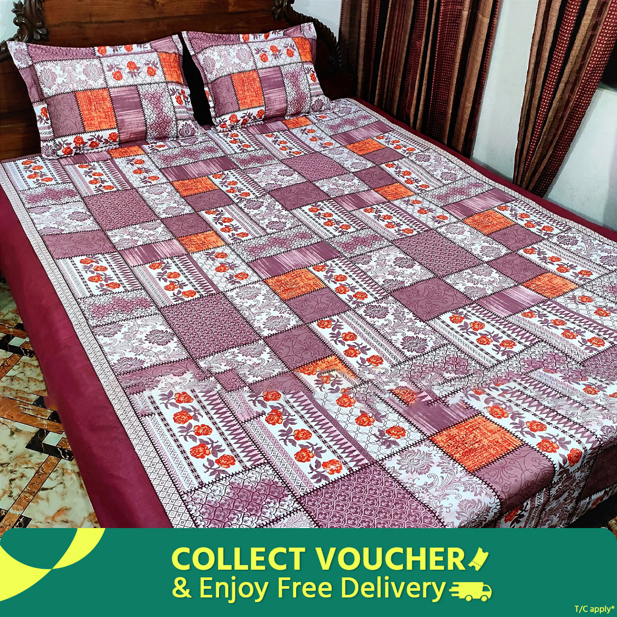 King size Bedsheet with Pillow cover Chador set 7.5×8.25 feet Full cotton fabric  Purple , Brown