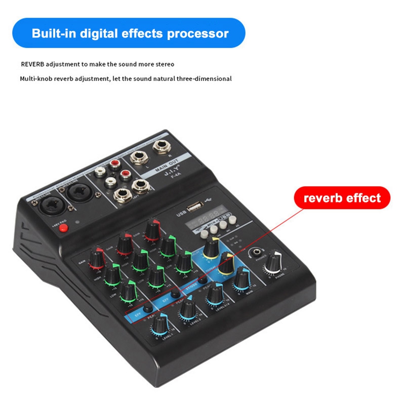 4 Channel Bluetooth Mixer Audio Mixing DJ Console with Reverb Effect. 