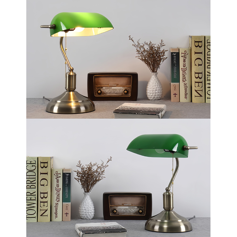 GC Vintage Desk Lamp Green Glass Antique Table Lights With Brass Base Wireless Rechargeable Pull Chain Traditional Library Lamp
