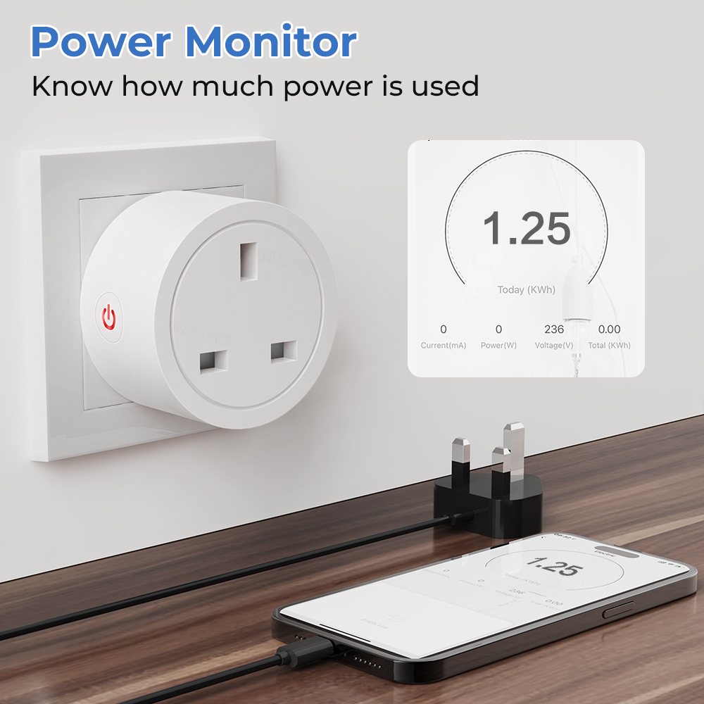 SMATRUL - WiFi Smart Socket - 16/20A - Power Monitor - UK Plug - Wifi+Bluetooth Dual Mode - Tuya/Alexa/Google Home. 