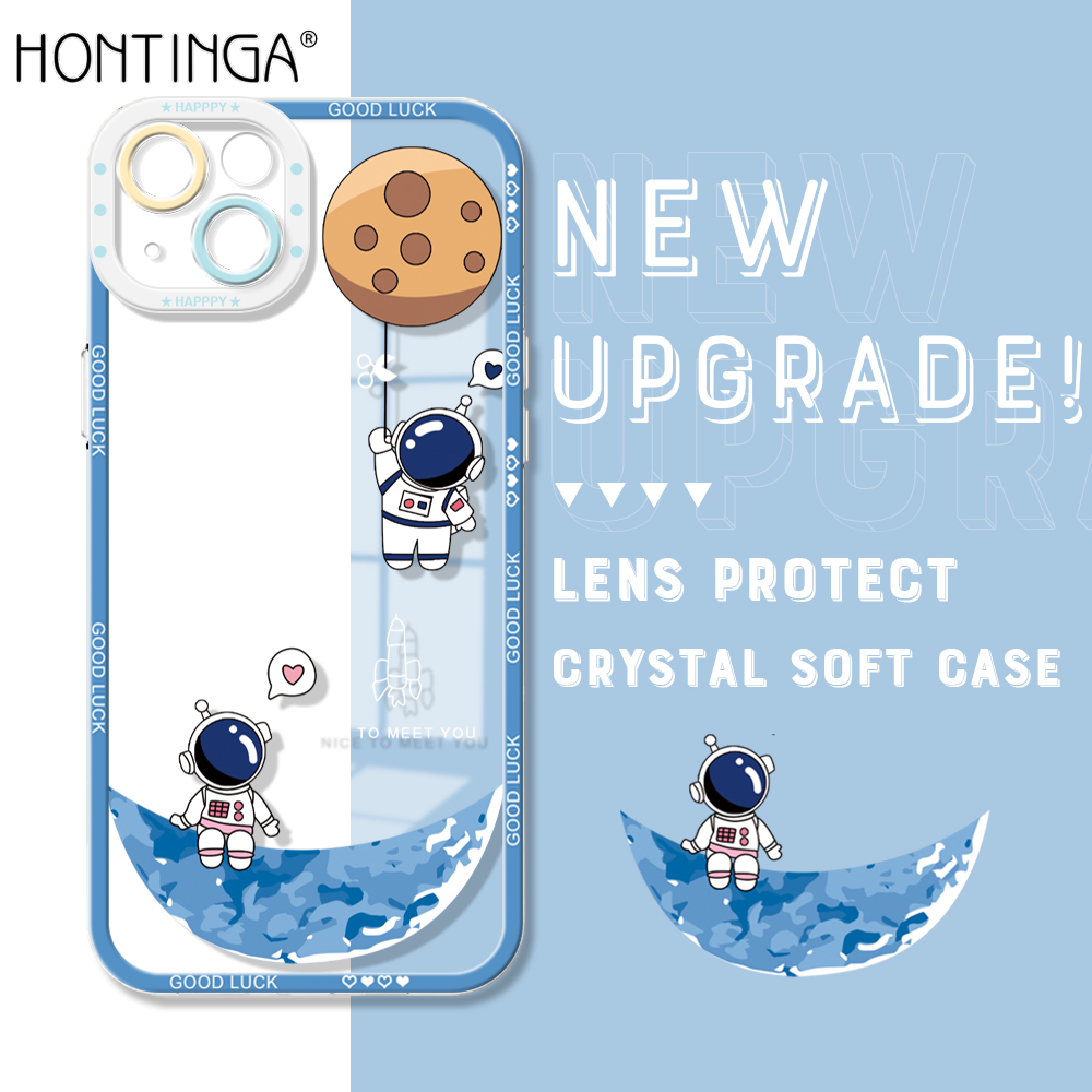 Hontinga for iPhone 13 Mini Back Cover Cartoon Astronaut Crystal Case Camera Protection Transparent TPU Soft Phone Cases