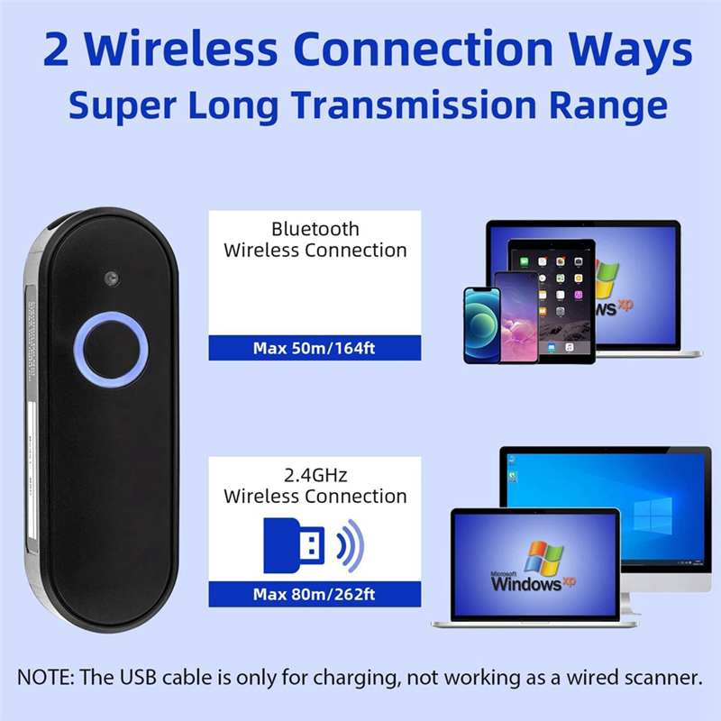 1Set Mini Barcode Scanner USB Bluetooth 2.4G Wireless 1D 2D QR PDF417 For IPad IPhone Android Tablets PC (K60 QR 2D). 